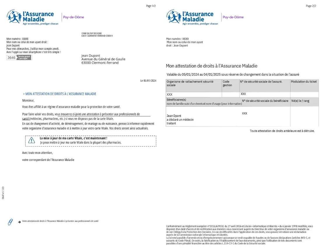 Exemple attestation sécurité sociale